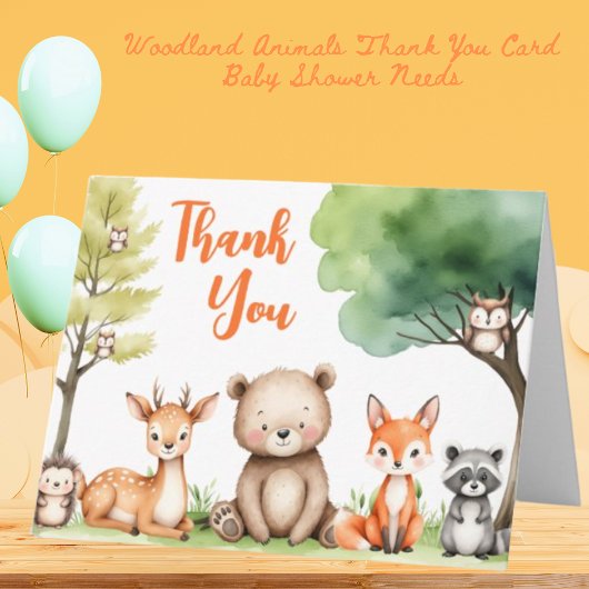 ウッドランド動物赤ちゃんシャワーオレンジ男女兼用 サンキューカード