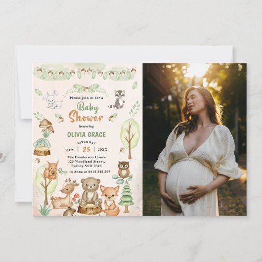 ウッドランド動物赤ちゃんシャワーパーティー写真 招待状 (正面)