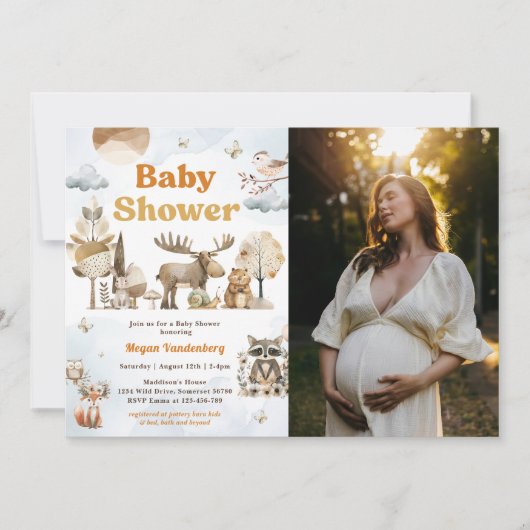 ウッドランド動物赤ちゃんシャワーパーティー写真 招待状 (正面)