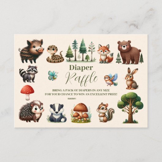 ウッドランド動物赤ちゃんシャワーラッフルおむつ エンクロージャーカード (正面)