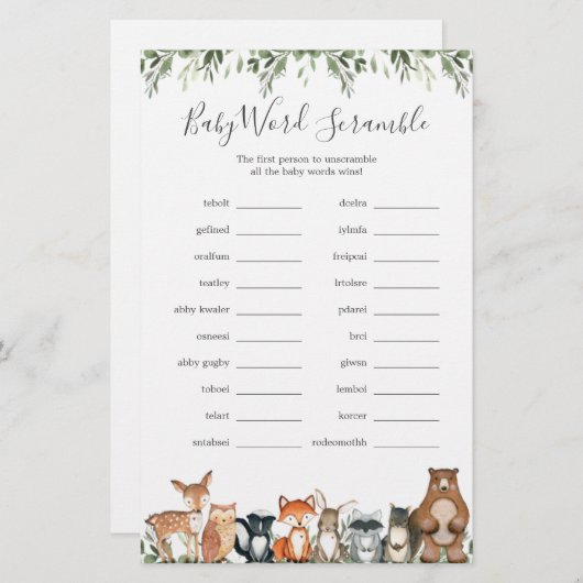 ウッドランド動物赤ちゃんシャワー単語スクランブルゲーム (正面/裏面)