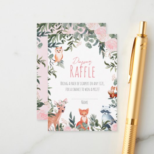 ウッドランド動物赤ちゃんシャワー女の子おむつラッフル エンクロージャーカード (正面/裏面インサイチュ)
