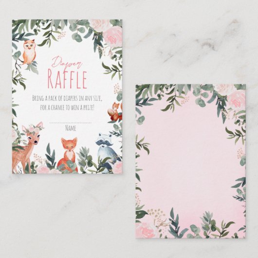 ウッドランド動物赤ちゃんシャワー女の子おむつラッフル エンクロージャーカード (正面/裏面)