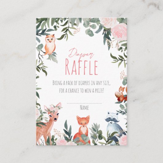 ウッドランド動物赤ちゃんシャワー女の子おむつラッフル エンクロージャーカード (正面)