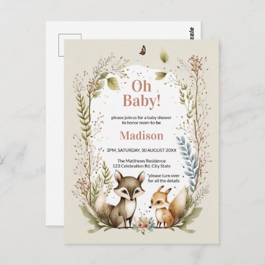ウッドランド動物赤ちゃんシャワー招待状ガール ポストカード (正面/裏面)
