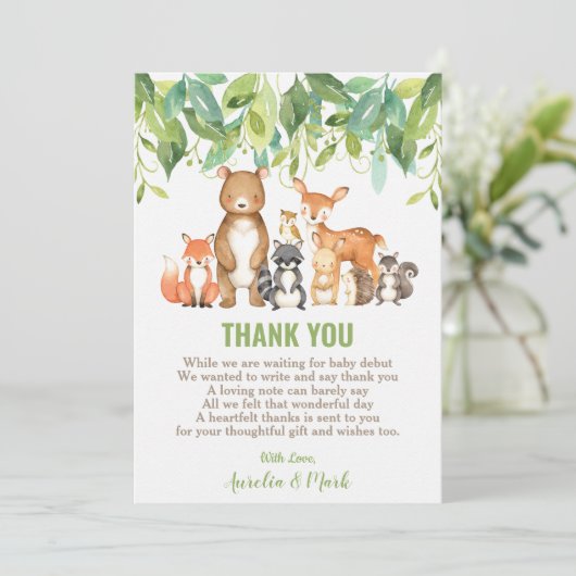 ウッドランド動物赤ちゃんシャワー森ボーイニュートラル サンキューカード (スタンド正面)