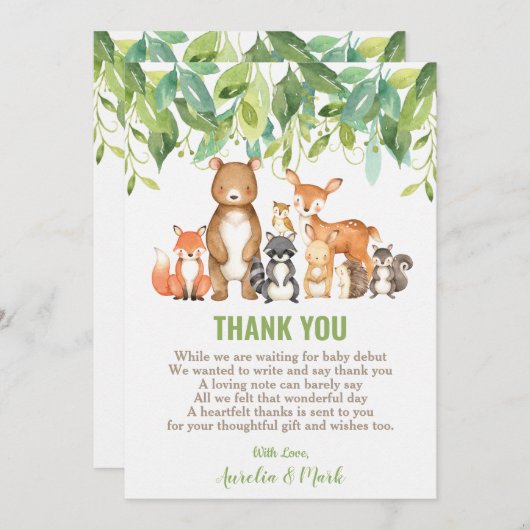 ウッドランド動物赤ちゃんシャワー森ボーイニュートラル サンキューカード (正面/裏面)