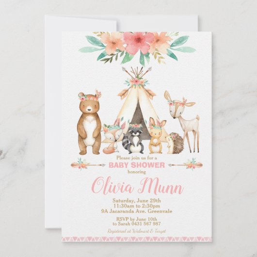 ウッドランド動物赤ちゃんシャワー森林動物の女の子 招待状 (正面)