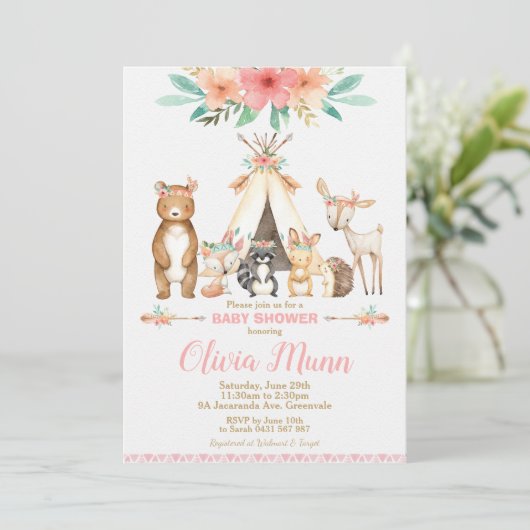 ウッドランド動物赤ちゃんシャワー森林動物の女の子 招待状 (スタンド正面)