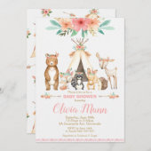 ウッドランド動物赤ちゃんシャワー森林動物の女の子 招待状 (正面/裏面)