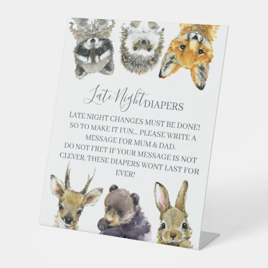 ウッドランド動物赤ちゃんシャワー深夜おむつ 台座サイン (正面)
