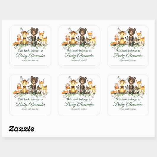 ウッドランド動物赤ちゃんシャワー蔵書票ラベル スクエアシール (シート)