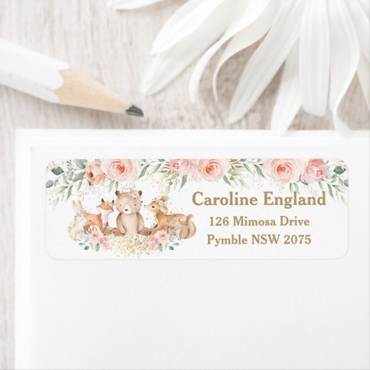 ウッドランド動物赤面ピンクフローラ差出人住所 ラベル (インサイチュ)