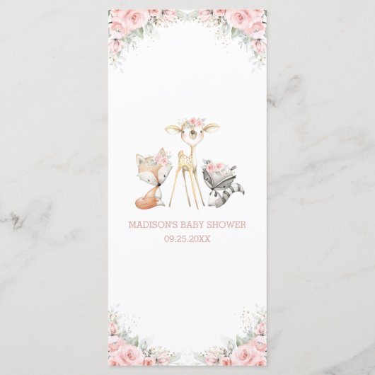 ウッドランド動物赤面ピンクフローラ赤ちゃんシャワーメニュー プログラム (裏面)