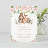 ウッドランド動物赤面ピンクフローラ1st誕生日 招待状 (スタンド正面)