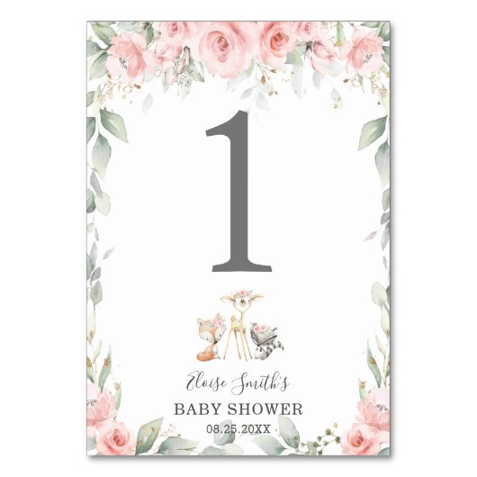 ウッドランド動物赤面フローラ緑の赤ちゃんシャワー テーブルナンバー (正面)