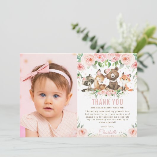 ウッドランド動物赤面フローラ1回目の誕生日写真  サンキューカード (スタンド正面)