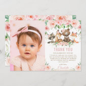 ウッドランド動物赤面フローラ1回目の誕生日写真  サンキューカード (正面/裏面)