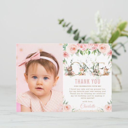 ウッドランド動物赤面フローラ1回目の誕生日写真 サンキューカード (スタンド正面)