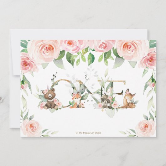 ウッドランド動物赤面フローラ1回目の誕生日写真 サンキューカード (裏面)