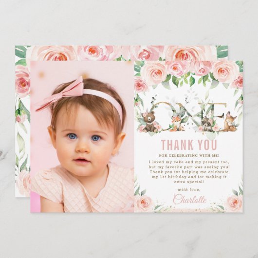 ウッドランド動物赤面フローラ1回目の誕生日写真 サンキューカード (正面/裏面)
