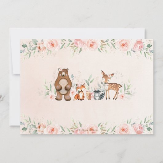 ウッドランド動物赤面フローラ1stバースデーフォト 招待状 (裏面)