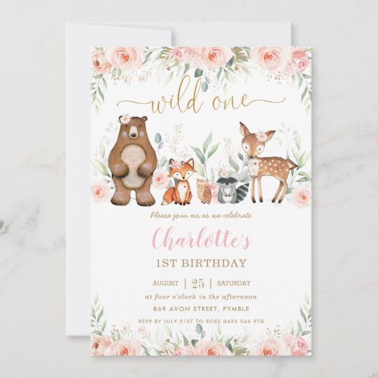ウッドランド動物赤面フローラ1st誕生日ワン 招待状 (正面)