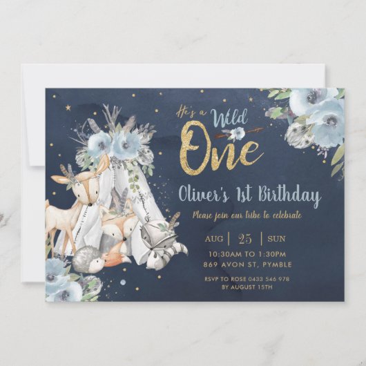 ウッドランド動物部族海軍金ゴールド1歳 招待状 (正面)