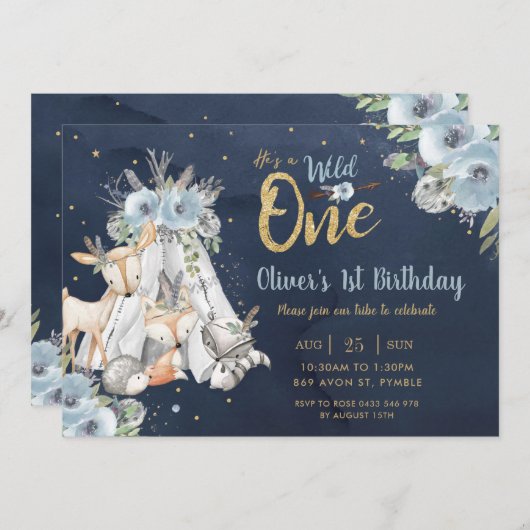 ウッドランド動物部族海軍金ゴールド1歳 招待状 (正面/裏面)