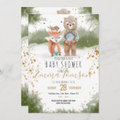 ウッドランド動物金ゴールドグリッターベビーシャワー 案内状 (正面/裏面)