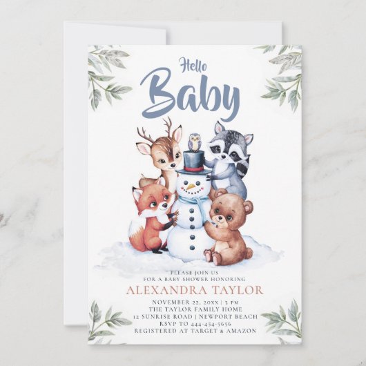 ウッドランド動物雪だるまキャラクターボーイベビーシャワー 招待状 (正面)
