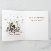 ウッドランド動物雪だるまクリスマスティール(緑がかった色)ブルーカード カード (内部)