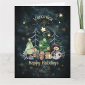 ウッドランド動物雪だるまクリスマスティール(緑がかった色)ブルーカード カード (正面)