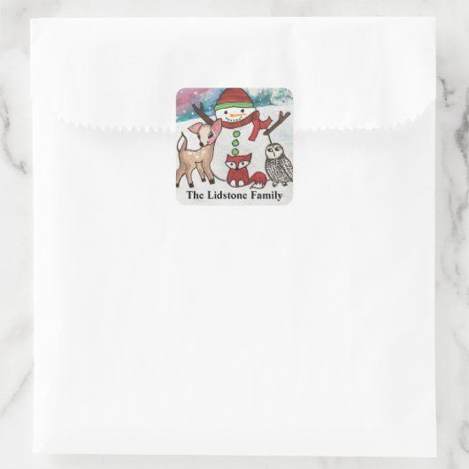 ウッドランド動物雪だるま苗字 スクエアシール (バッグ)