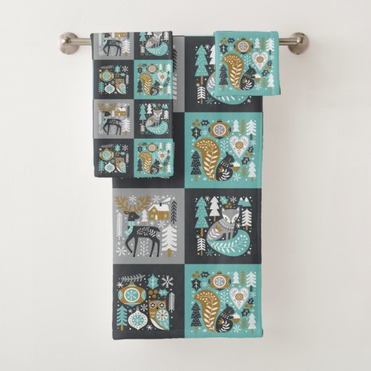 ウッドランド動物雪片スカンジナビア・クリスマス バスタオルセット (インサイチュ)