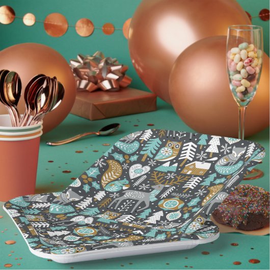 ウッドランド動物雪片スカンジナビア・クリスマス ペーパープレート (複数)