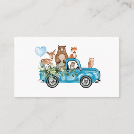 ウッドランド動物青トラック赤ちゃんシャワー エンクロージャーカード (裏面)