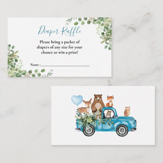 ウッドランド動物青トラック赤ちゃんシャワー エンクロージャーカード (正面/裏面)