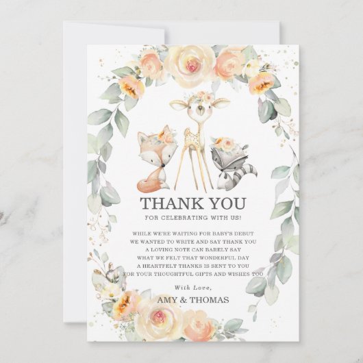 ウッドランド動物黄色フローラ緑の赤ちゃんシャワー サンキューカード (正面)