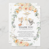 ウッドランド動物黄色フローラ緑の赤ちゃんシャワー サンキューカード (正面/裏面)