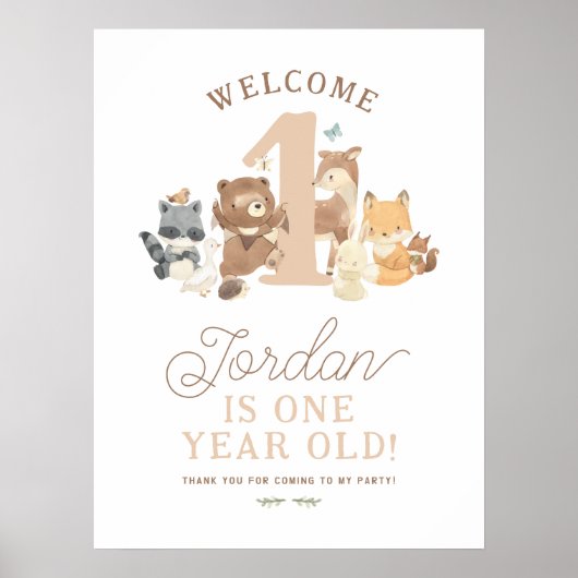 ウッドランド動物1st誕生日パーティーウェルカムサイン ポスター (正面)