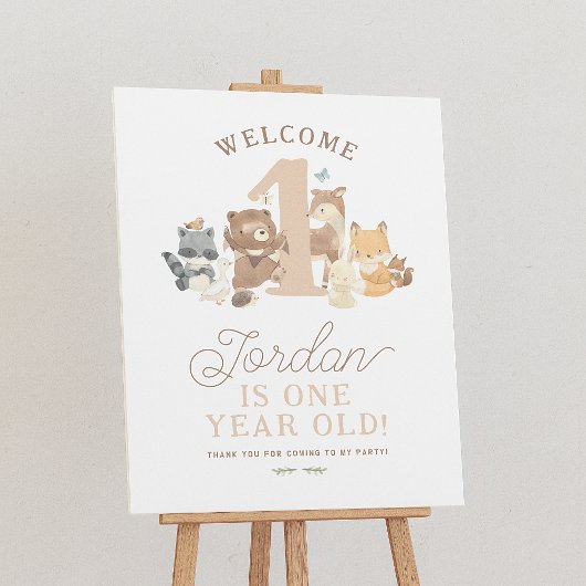 ウッドランド動物1st誕生日パーティーウェルカムサイン ポスター