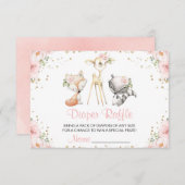 ウッドランド動物,ピンクの花,おむつラッフル エンクロージャーカード (正面/裏面)