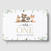 ウッドランド動物，森，ワイルドワン，最初の誕生日 ゲストブック (正面)