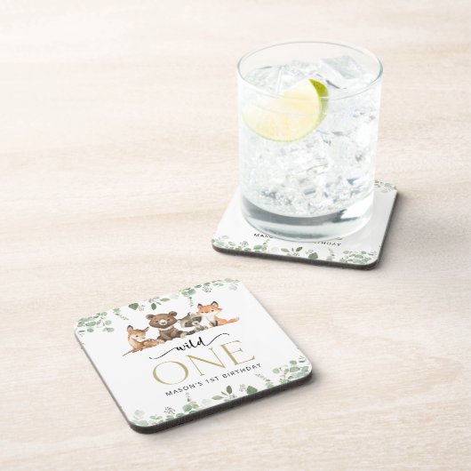 ウッドランド動物，森，ワイルドワン，最初の誕生日 コースター (右側)
