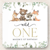 ウッドランド動物，森，ワイルドワン，最初の誕生日 コースター (正面)