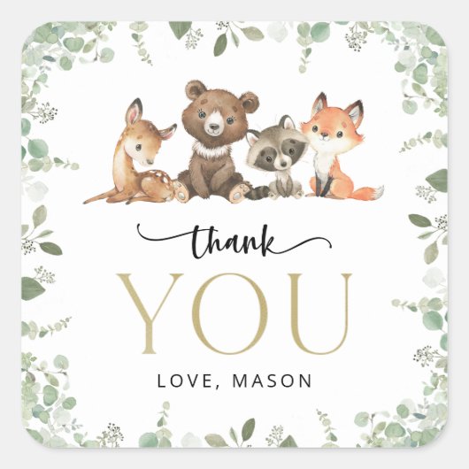 ウッドランド動物，森，ワイルドワン，最初の誕生日 スクエアシール (正面)