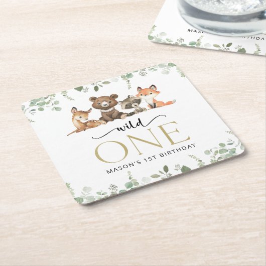 ウッドランド動物,森,ワイルドワン,最初の誕生日 スクエアペーパーコースター (アングル)