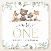 ウッドランド動物,森,ワイルドワン,最初の誕生日 スクエアペーパーコースター (正面)