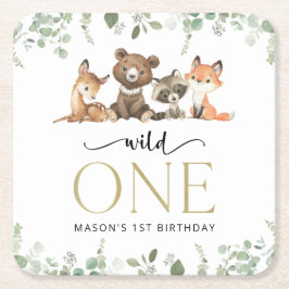 ウッドランド動物，森，ワイルドワン，最初の誕生日 スクエアペーパーコースター